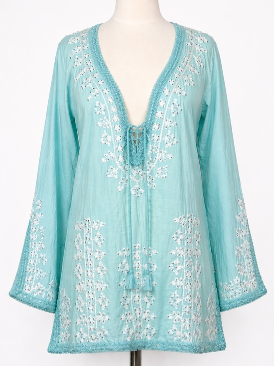 Melissa Odabash Tops - Melissa Odabash Sea Blue Embroidered Beaded Tunic Cover-Up Aqua Boho Luxe